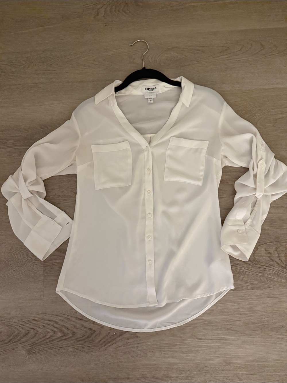 Express White Button-Down Blouse with Tie Sleeve Detail